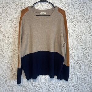 PINQUE Color Block Knit Sweater 3X Beige Navy Brown Cozy Casual Fall Winter
